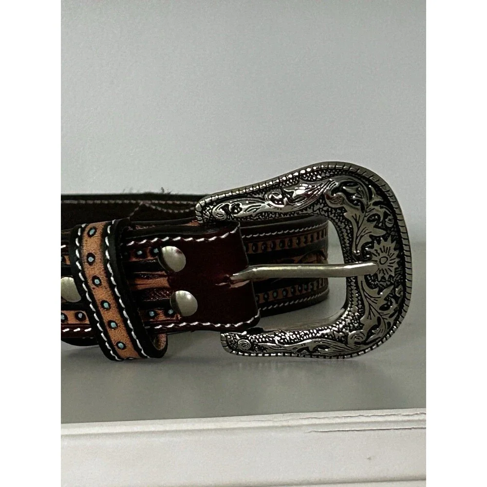 Men's Leather Western Belt Size 30 Silver Buckle Pony/Calf Hair Tooled